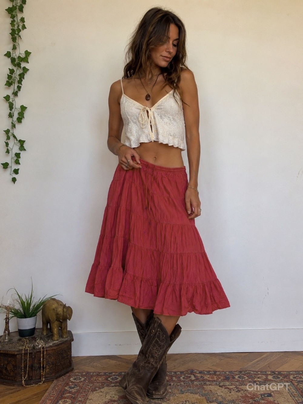 Notations Large Petite Boho Tiered Skirt Women's Rust Red Peasant Cottage Flowy